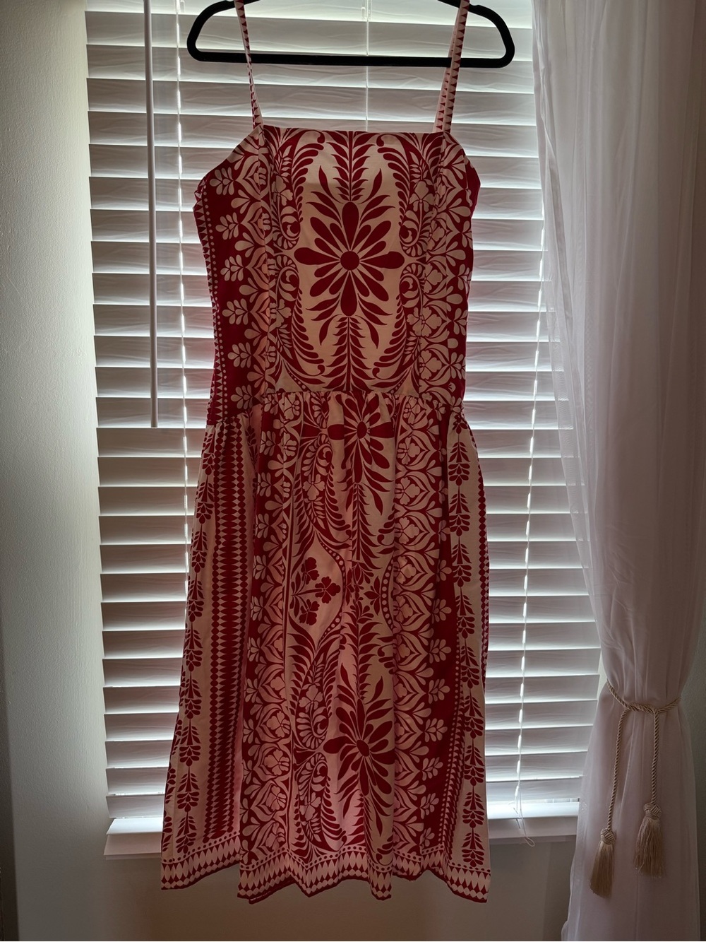 Red and White Floral Pattern Spaghetti Strap Drop Waist Dress